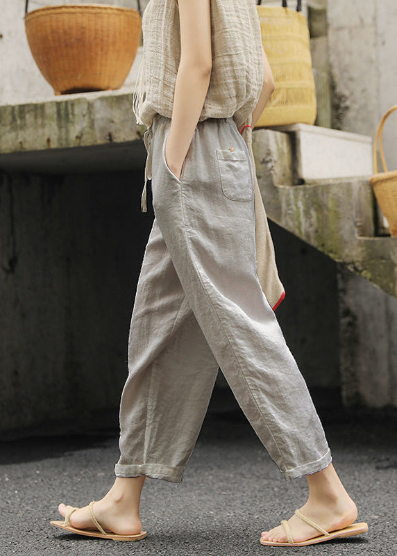 Women White Pockets Elastic Waist Cotton Pants Summer