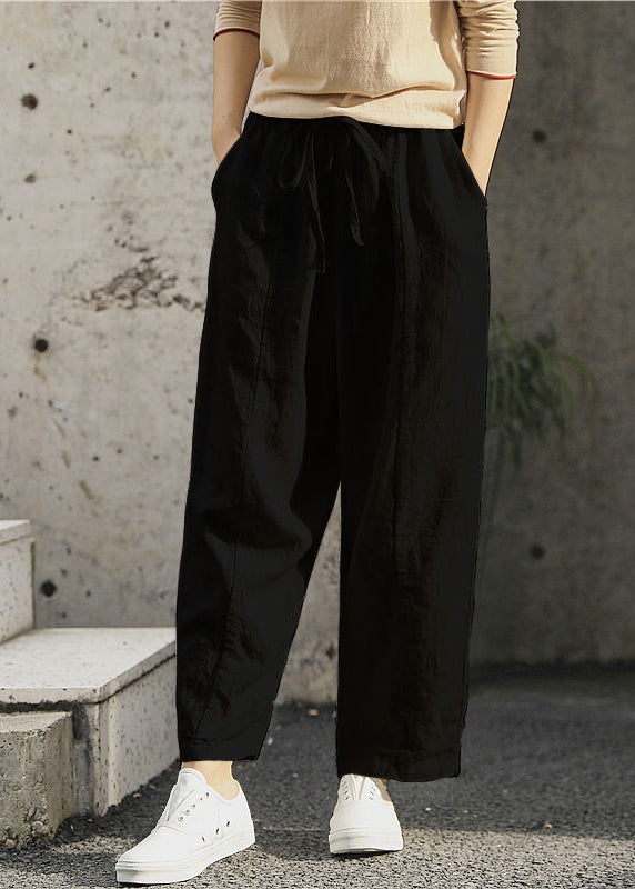 Women White Pockets Elastic Waist Cotton Pants Summer