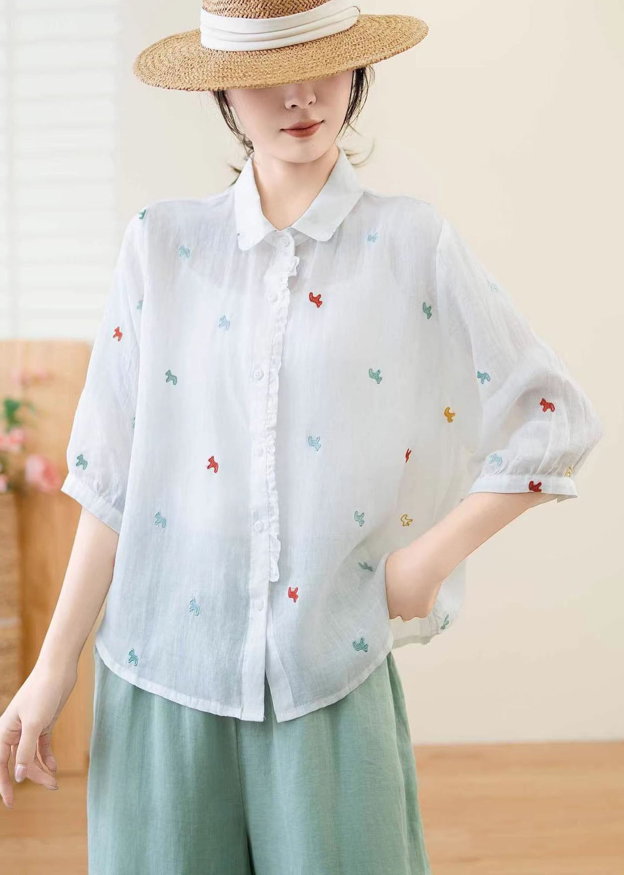 Women White Ruffled Embroidered Linen Blouse Top Summer