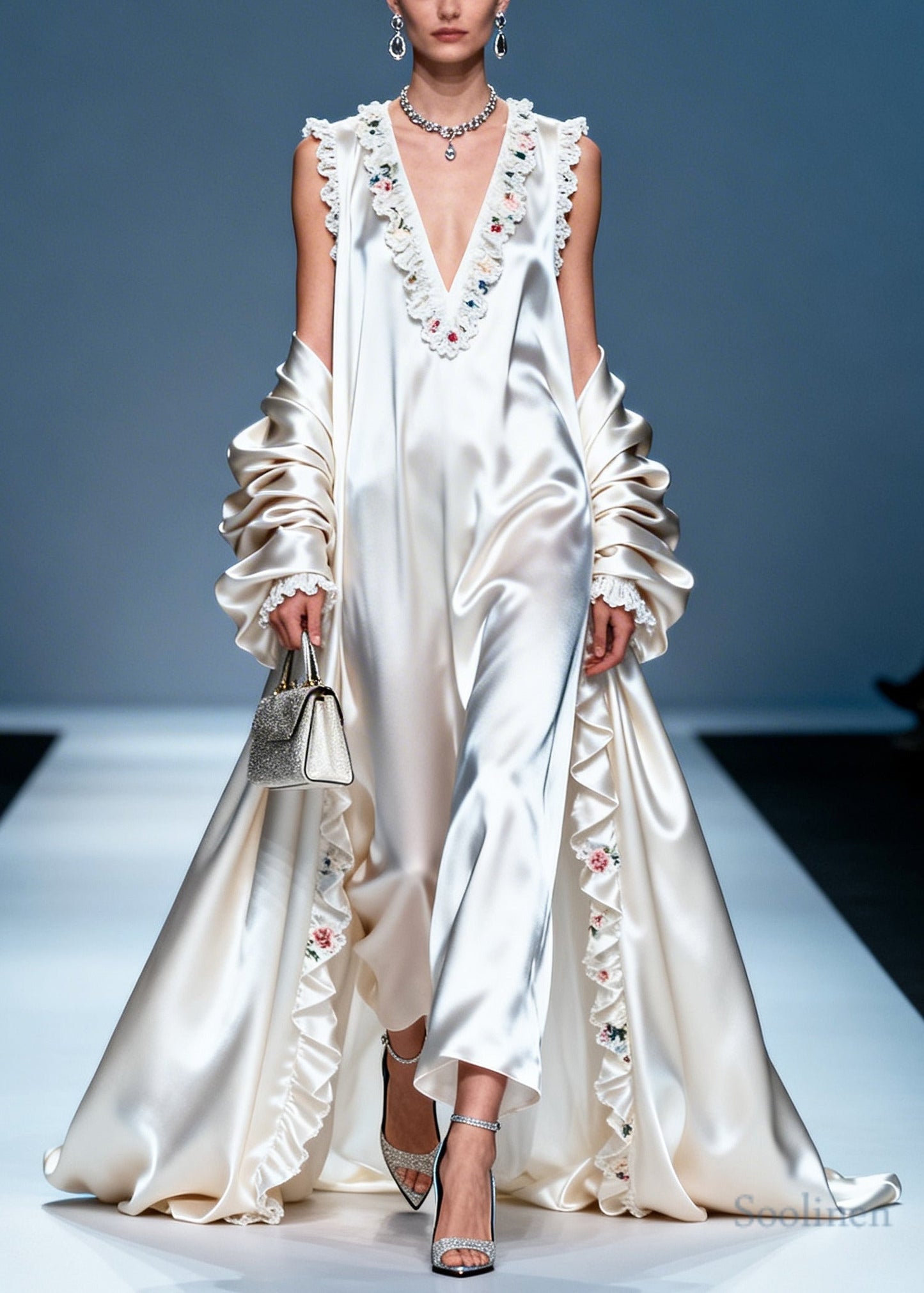 Women White Ruffled Exra Large Hem Silk Party Dress Summer
