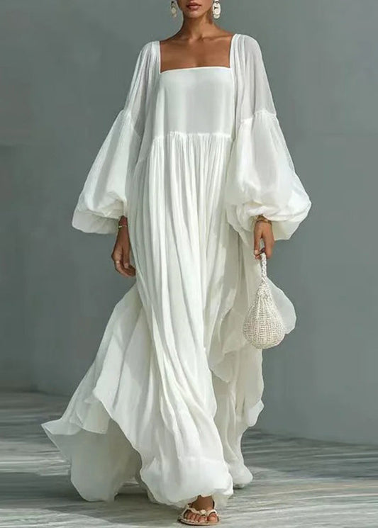 Women White Square Collar Wrinkled Patchwork Cotton Dresses Summer