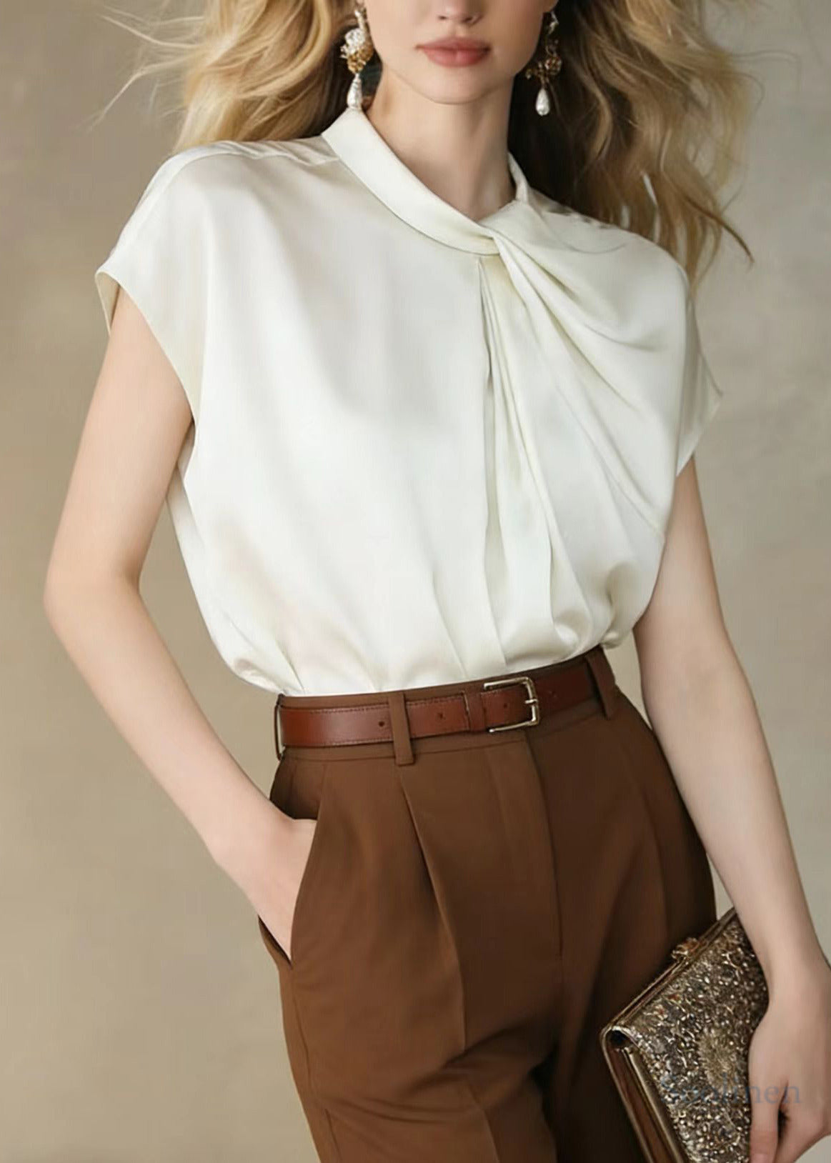 Women White Stand Collar Asymmetrical Design Chiffon Tank Tops Summer