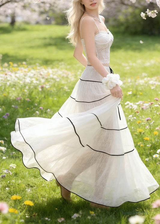 Women White Tie Waist Exra Large Hem Tulle Skirts Spring