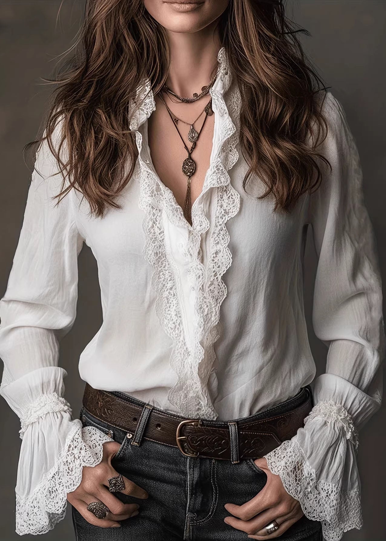 Women White V Neck Lace Patchwork Cotton Shirts Spring