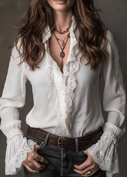 Women White V Neck Lace Patchwork Cotton Shirts Spring