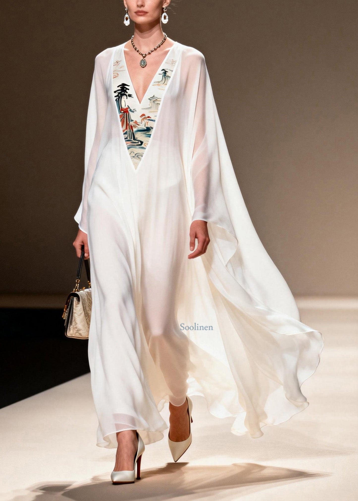 Women White V Neck Patchwork Chiffon Long Dresses Spring