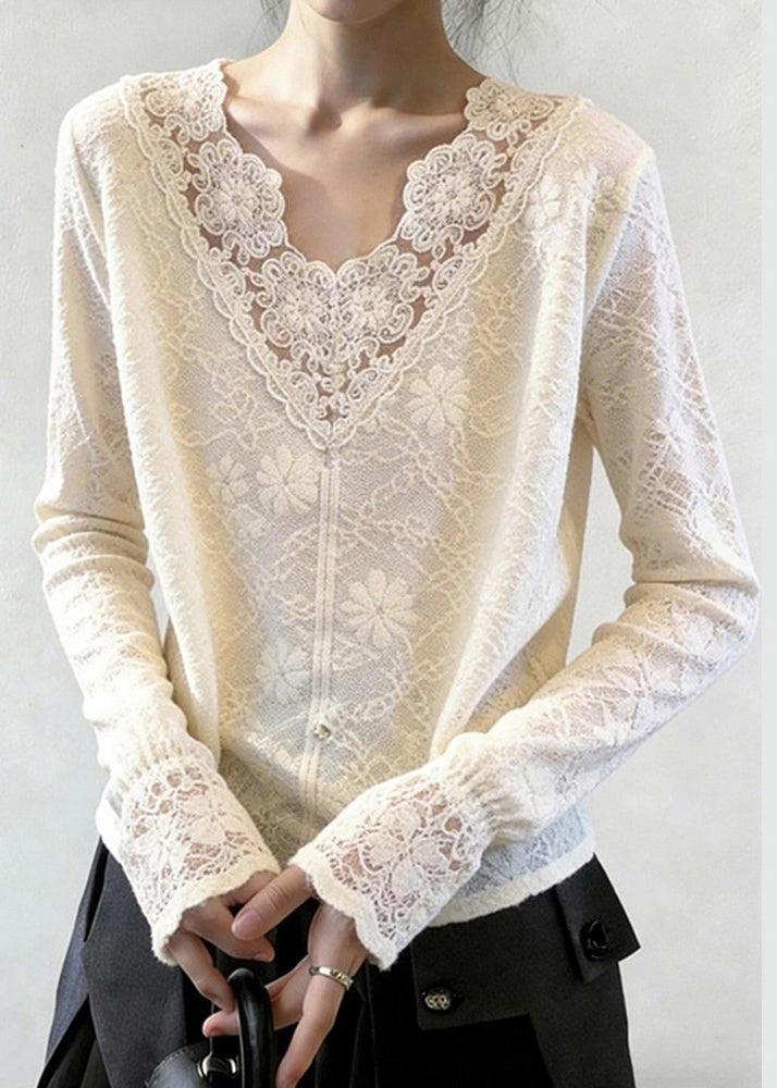 Women White V Neck Patchwork Jacquard Lace Shirt Tops Spring