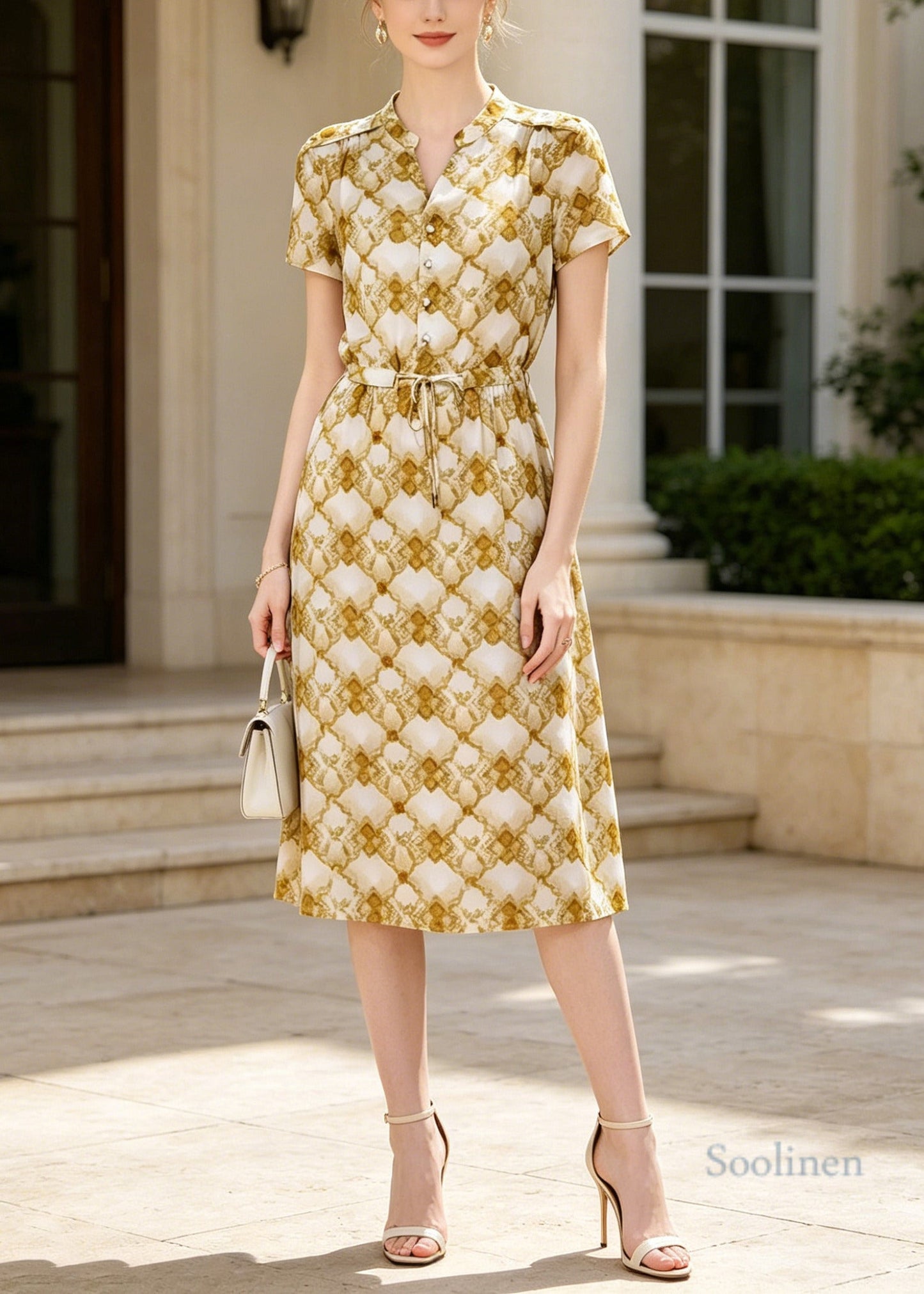 Women Yellow Cinched Print Silk Dress Summer