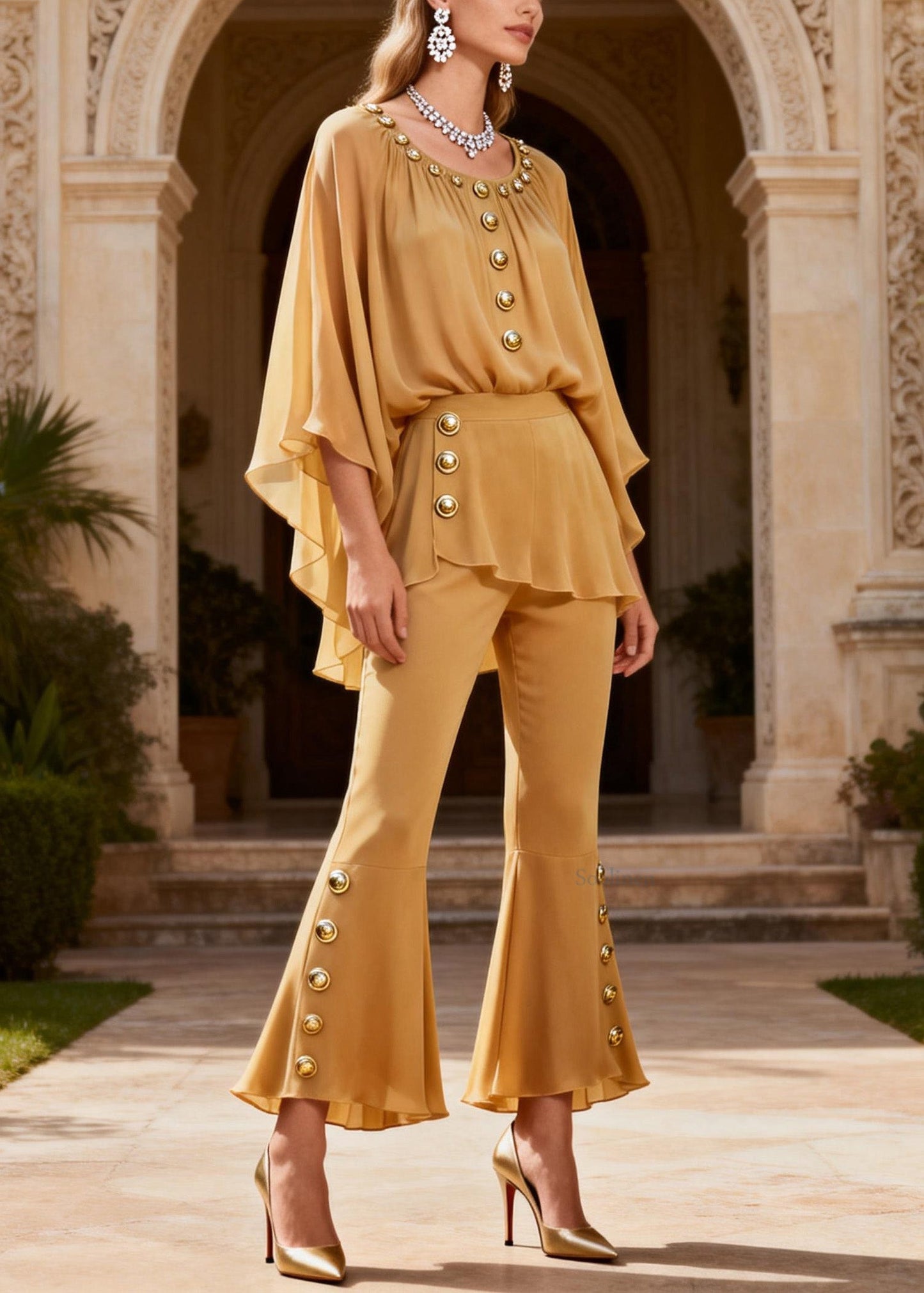 Women Yellow O Neck Button Patchwork Silk Two Pieces Set Summer