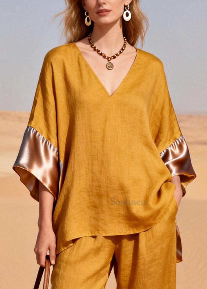 Women Yellow Oversized Patchwork Linen Silk Two Pieces Set Summer