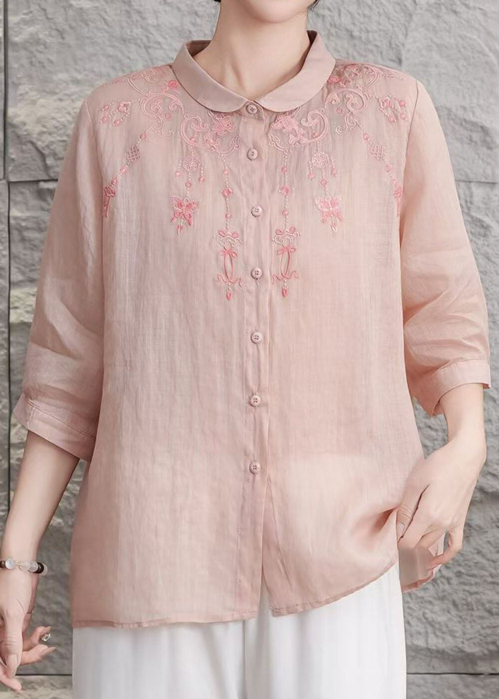 Women Yellow Peter Pan Collar Embroidered Linen Blouse Top Summer
