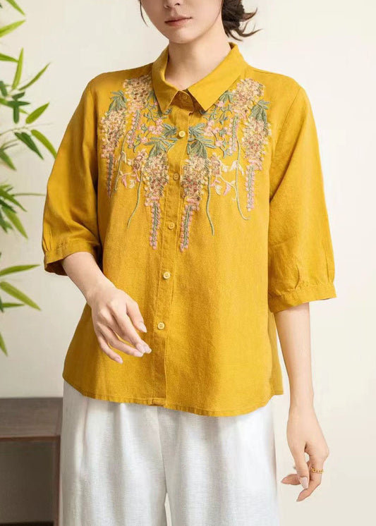 Women Yellow Peter Pan Collar Embroidered Linen Shirt Tops Summer