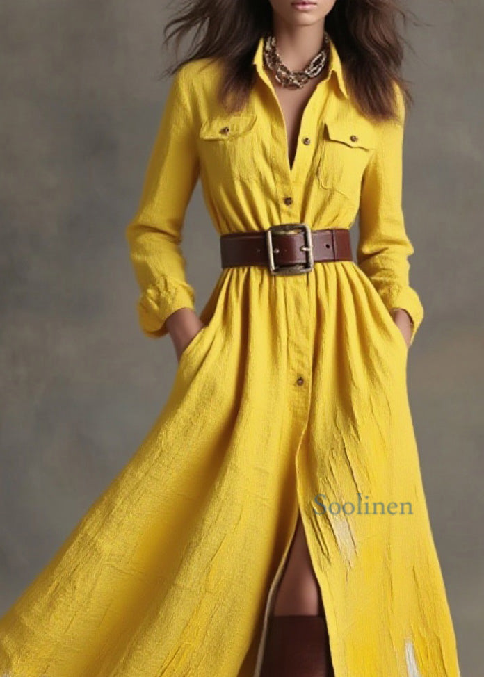 Women Yellow Peter Pan Collar Pockets Button Cotton Dress Spring
