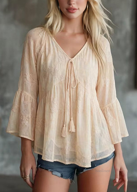 Women Yellow V Neck Patchwork Chiffon Top Bracelet Sleeve