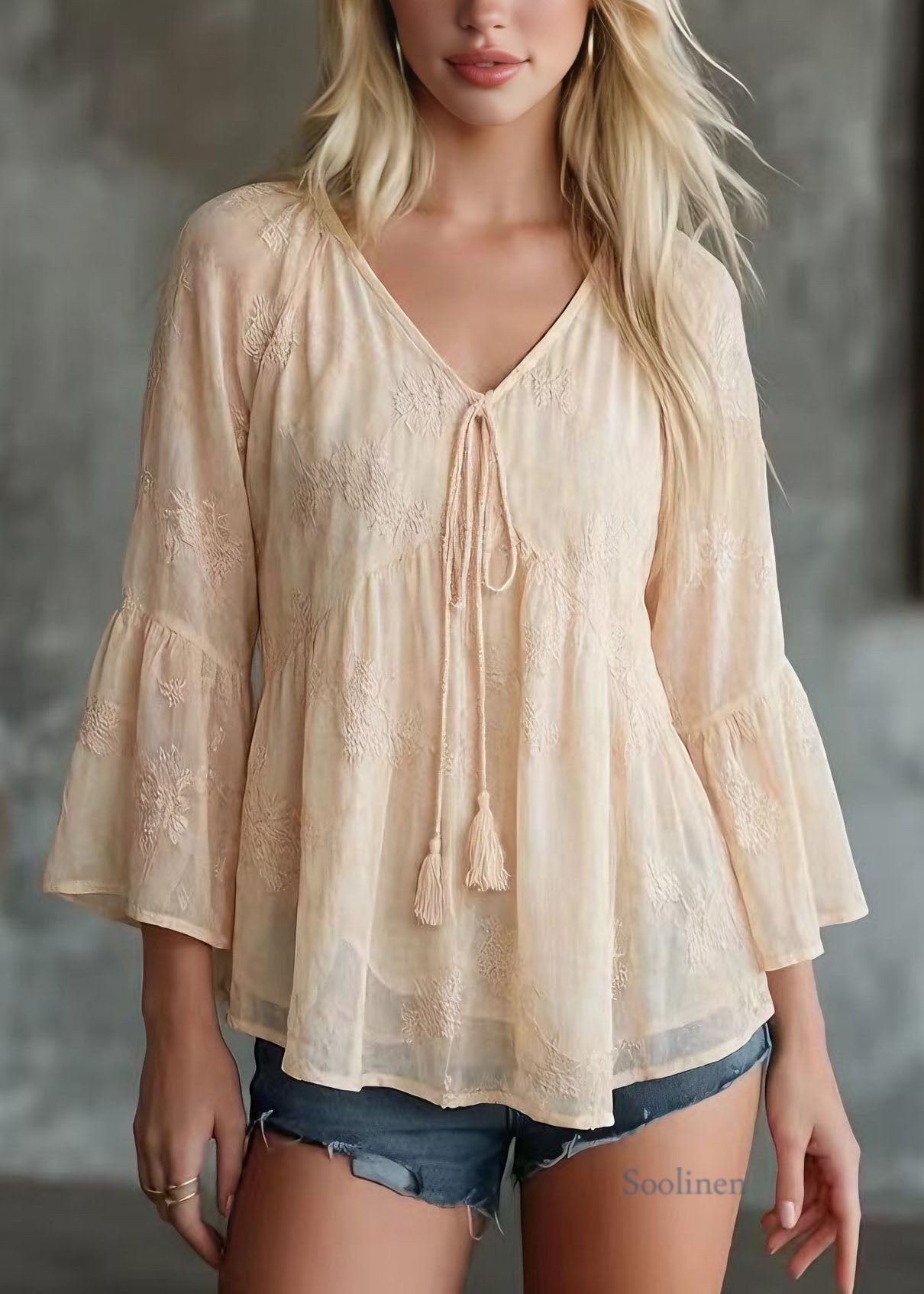 Women Yellow V Neck Patchwork Chiffon Top Bracelet Sleeve