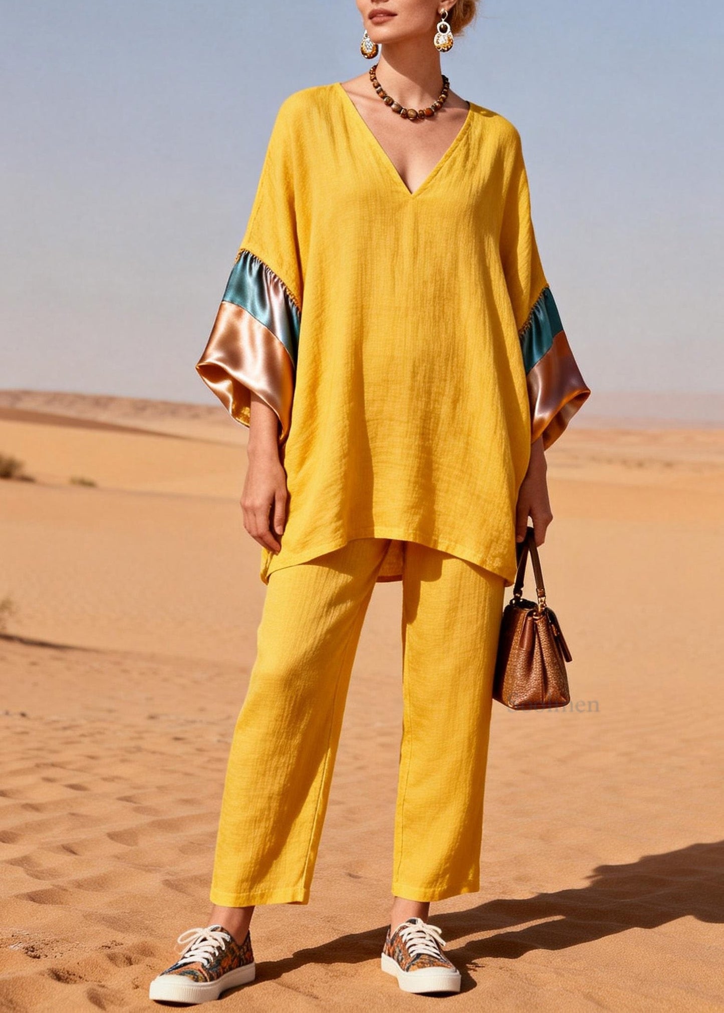 Women Yellow V Neck Silk Patchwork Linen Two Piece Set Summer