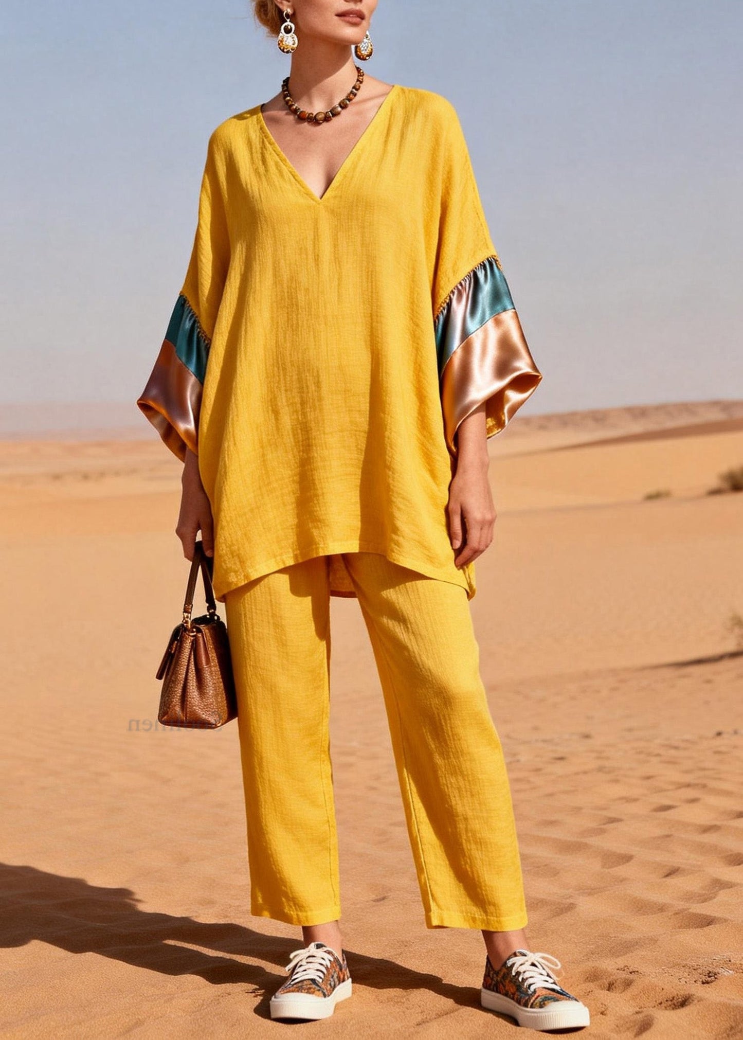 Women Yellow V Neck Silk Patchwork Linen Two Piece Set Summer