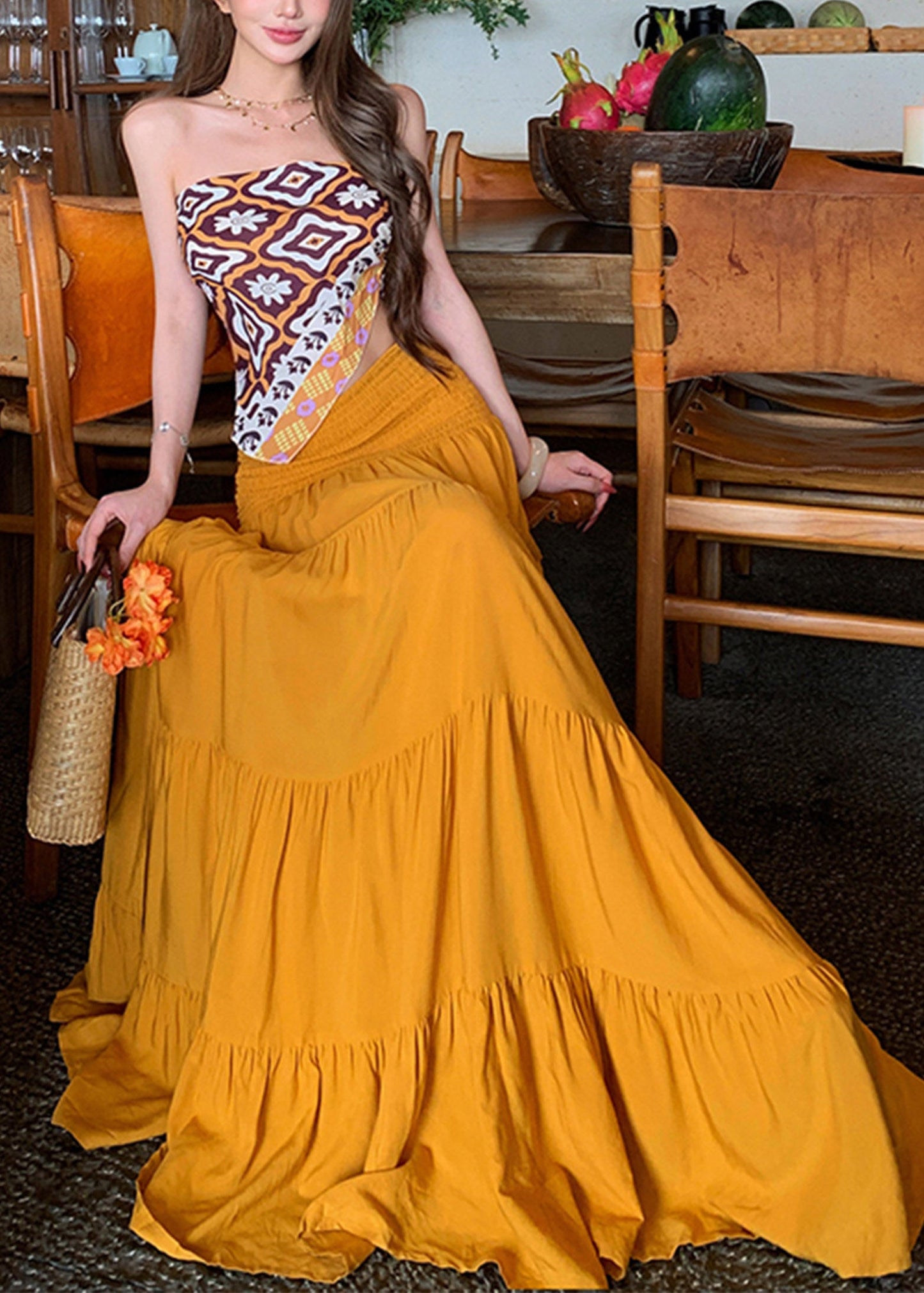 Yellow Cold Shoulder Vest And A Line Skirts Two Pieces Set Sleeveless