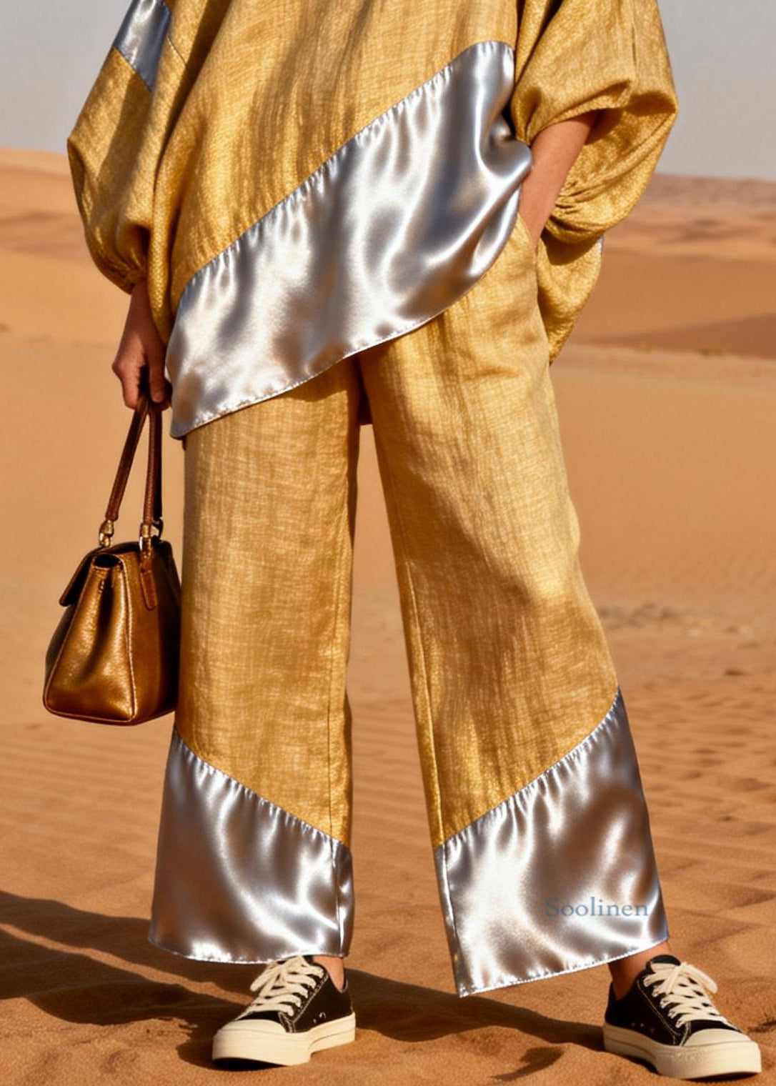 Yellow Silk Patchwork Tops And Pants Two Pieces Set V Neck Spring