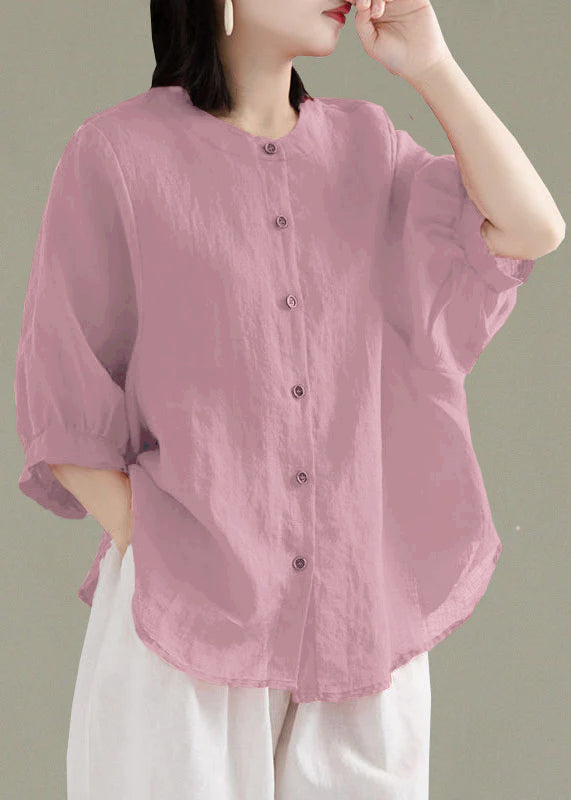 Art Print2 O-Neck Button Linen Loose Shirt Top Lantern Sleeve